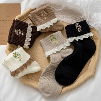 Новые японские Милые носки Kawaii, Кружевные носки с оборками в стиле Лолиты, женские модные носки с цветочной вышивкой для девочек в стиле ретро, винтажные носки для экипажа
