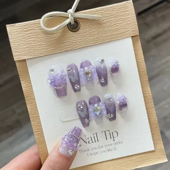 Фиолетовый Пресс ручной работы на ногтях с блестящим дизайном Многоразовые Французские Накладные Ногти с клеем Naitifical Tips для ногтей Nail Art Y2k