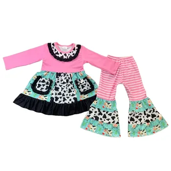 Новые весенние комплекты одежды для девочек, розовые топы-туники и расклешенные брюки из коровьей шерсти, наряды