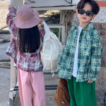 Детская рубашка 2023, осенний Корейский топ в цветную клетку для мальчиков и девочек, детское повседневное пальто с воротником, блузка