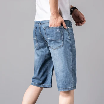 Летние новые мужские синие облегающие короткие джинсы, модные повседневные удобные джинсовые шорты из тонкого эластичного хлопка, мужские короткие брюки